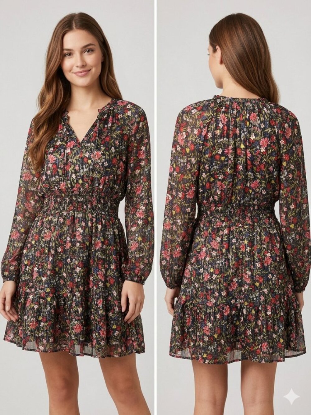 Old Navy Floral Smocked Waist Mini Dress Medium Chiffon Long Sleeve with pockets